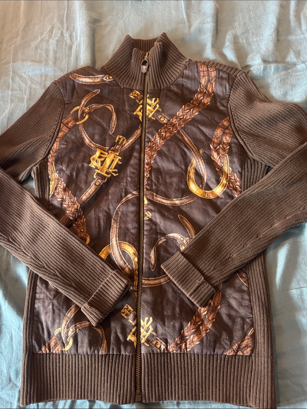 Vintage Lauren Ralph Lauren Brown Cotton Ribbed Cardigan Gold Equestrian Print
